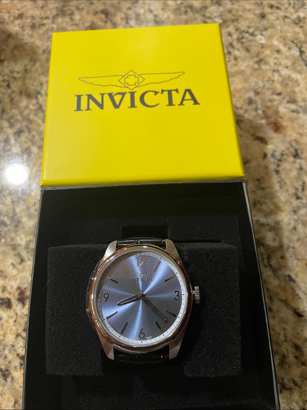 Invicta Silver Case Blue Dial Black Leather Strap Men's Watch